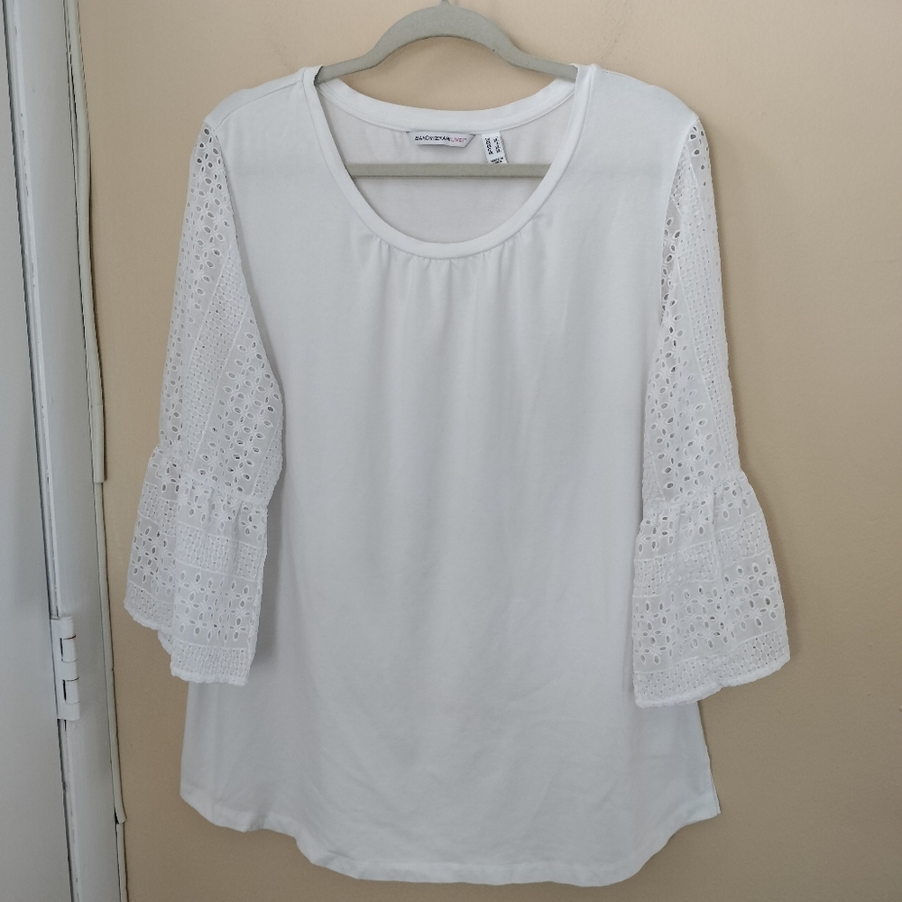 Isaac Mizrahi Live L Cotton Blend White Eyelet Bell Sleeve Blouse Chic Western